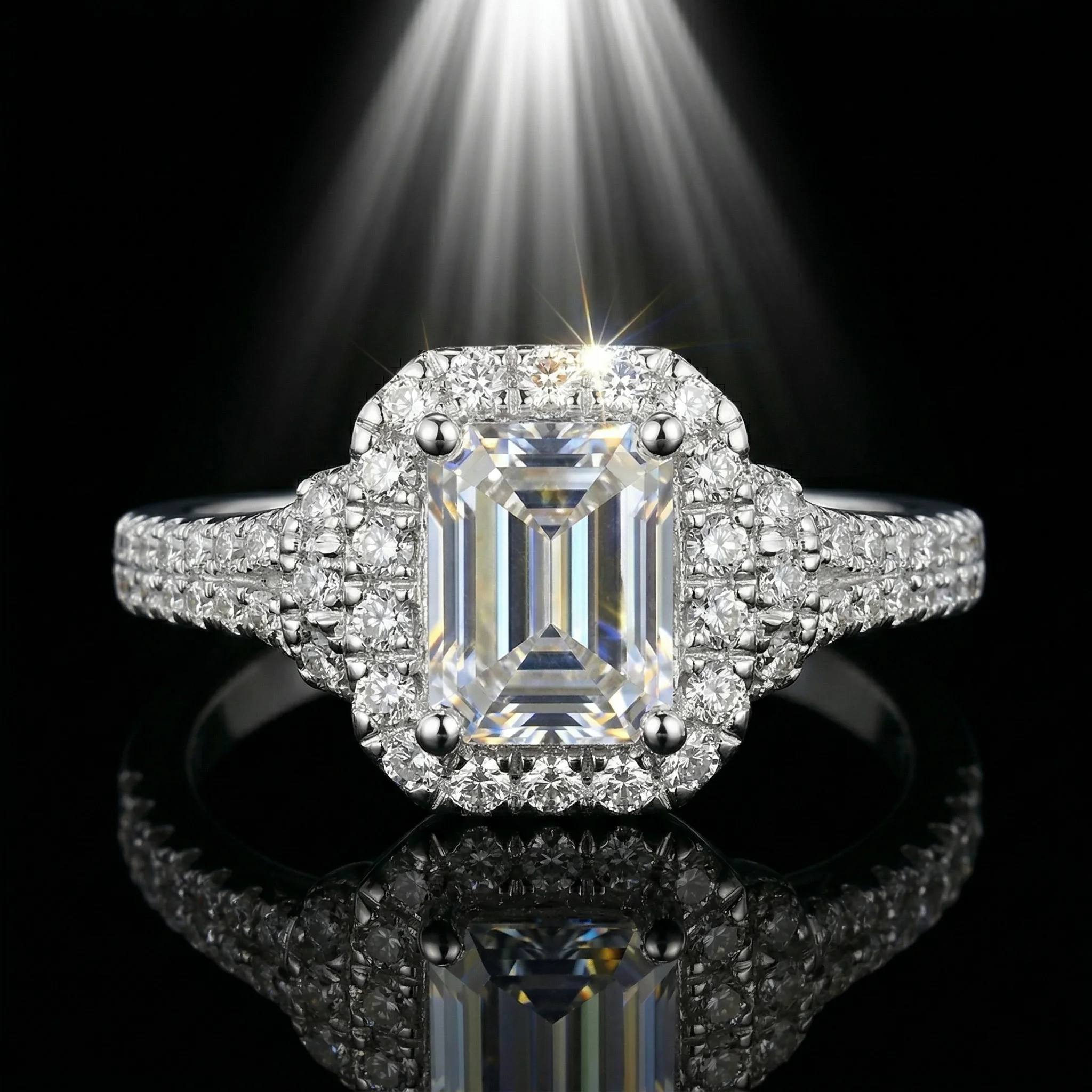 

Moissanite Ring, 925 Silver, D Color VVS1, 1ct Emerald Cut Halo, Light Luxury Engagement Women's, w/ Cert