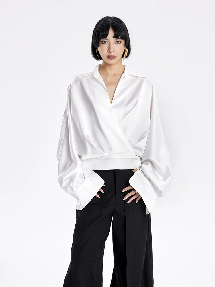 

Ele V-ne Batwing Sve Satin irt Loose Fit Casual Faion Top TINY in Original Design Long Sve Stand Collar Pure ...