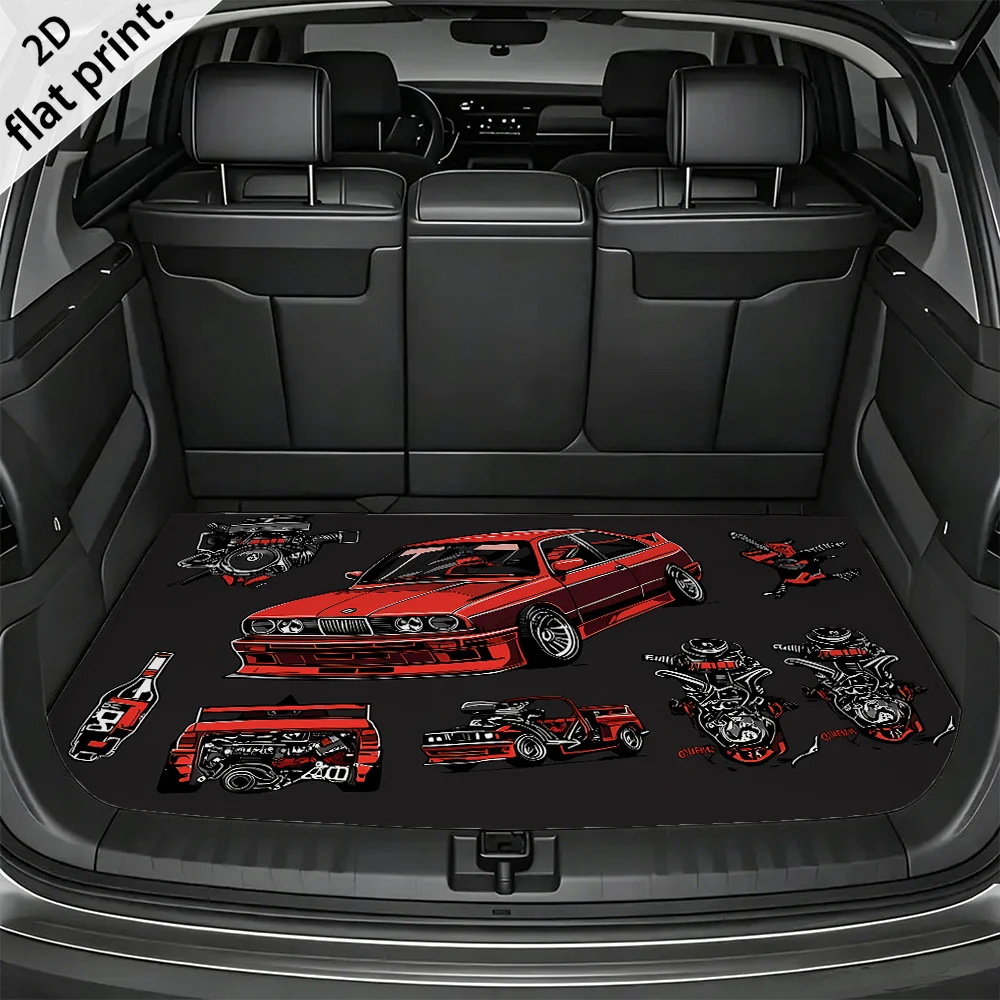 1pc 2D Flat Modified Red Sports Car Themed Car Trunk Mat - Suitable For Sedans And SUVs, Durable, Easy To Clean, Keeps Car Inter