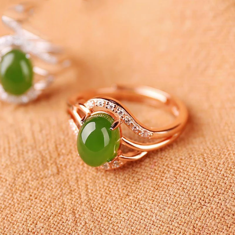 Creative Design Rose Gold Inlaid Natural Jasper Oval Opening Adjustable Ladies Ring Elegant Charm Silver Jewelry