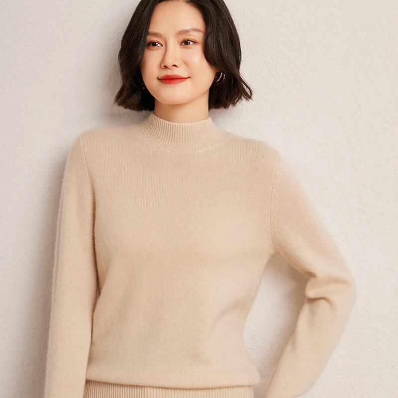 New Best-Selling Semi-High Collar 100% Cashmere Sweater Women's Casual Pullover Long Sleeve Loose Warm Bottoming Sweater