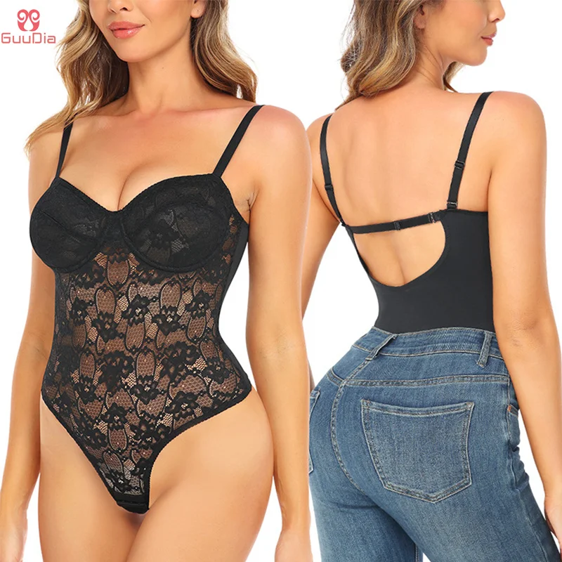 GUUDIA Underwire Open Crotch Bodysuit Lace Shapewear Lightly Shape Beauty Back Anti Slip Jumpsuits Daily Wearing Suit Lace Suits