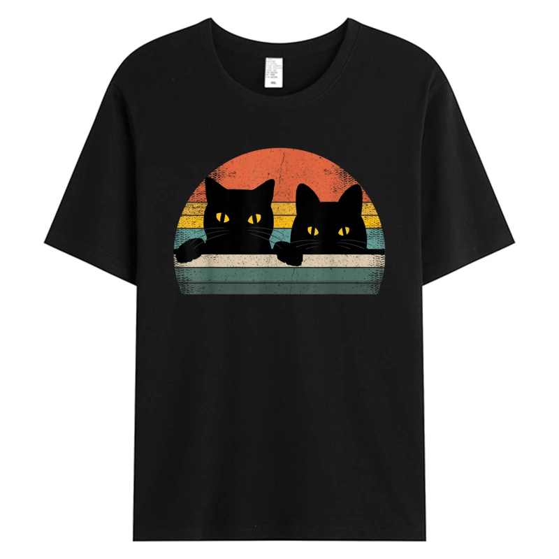 

T-shirt Black Cat Vintage Retro Style Cats Lover Gift Men's Cotton Fabric Graphic Holiday Weekend Party Tops Tees Man Clothing