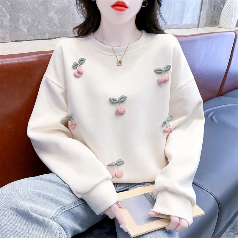 Women's  Style Cherry Graphic Sweatshirt 2026 Spring Loose Round Neck Casual Chic Pullover