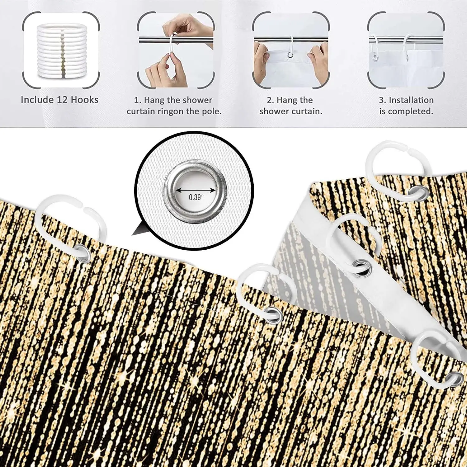 Luxurious Gold Glitter Shower Curtain Black Waterproof Bathroom Decor Home Accent Polyester Linens for Modern Spa view 5