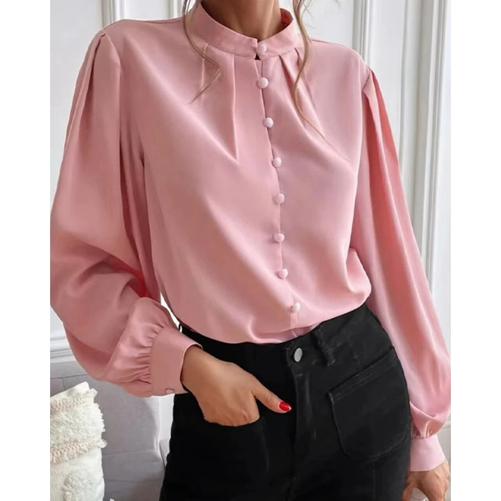 

2024 Women Ruched Fold Buttoned Mock Neck Long Sleeve Blouse Spring Fashion Office Lady Casual Lantern Sleeve Top Workwear