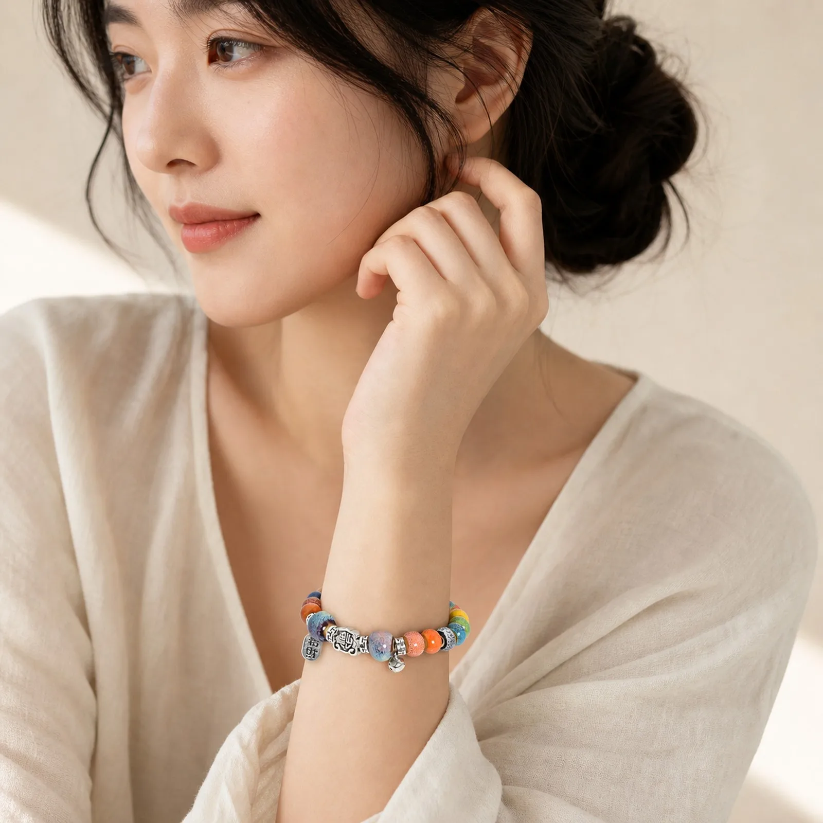 Handmade Ceramic Bead Bracelet with Lucky Plaque, Woven Stretch Cord and Metal Accents, Colorful Jewelry Y260714-03