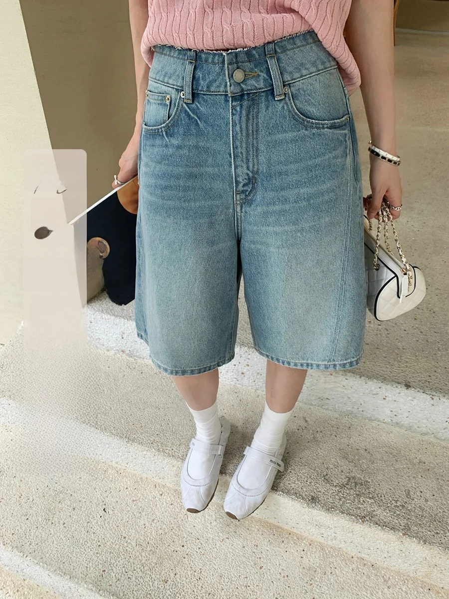 

Хлопковые джинсовые брюки с высокой талией, женские винтажные повседневные брюки с широкими штанинами и потертостями длиной пять четвертей