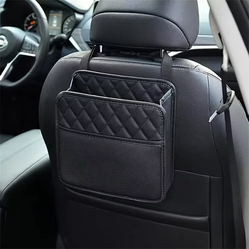 Bolsa de armazenamento para o banco do carro, em couro, com ajuste universal, organizador multifuncional para automóveis e saco para lixo, adequada para a maioria dos modelos de carros.