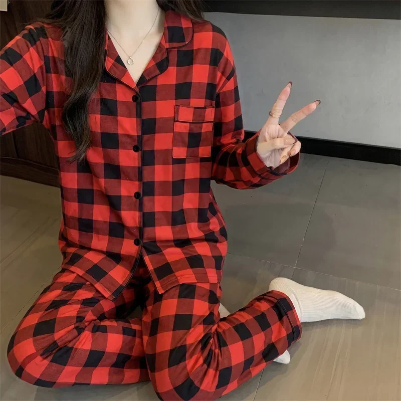 Spring and Autumn Women's Nightwear Classic Checkered Christmas Long Sleeve Student Soft Casual Sleepwear Homewear Pajamas Set