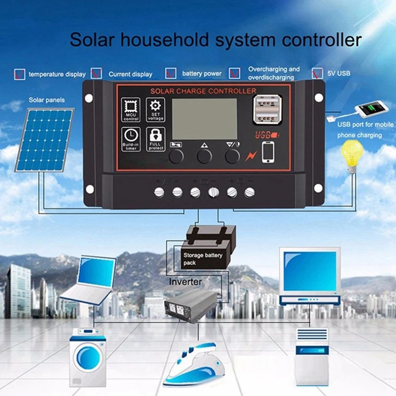 Controlador De Carga Do Painel Solar, Display LCD, Regulador De Bateria com Porta USB, 100A, 12V, 24V