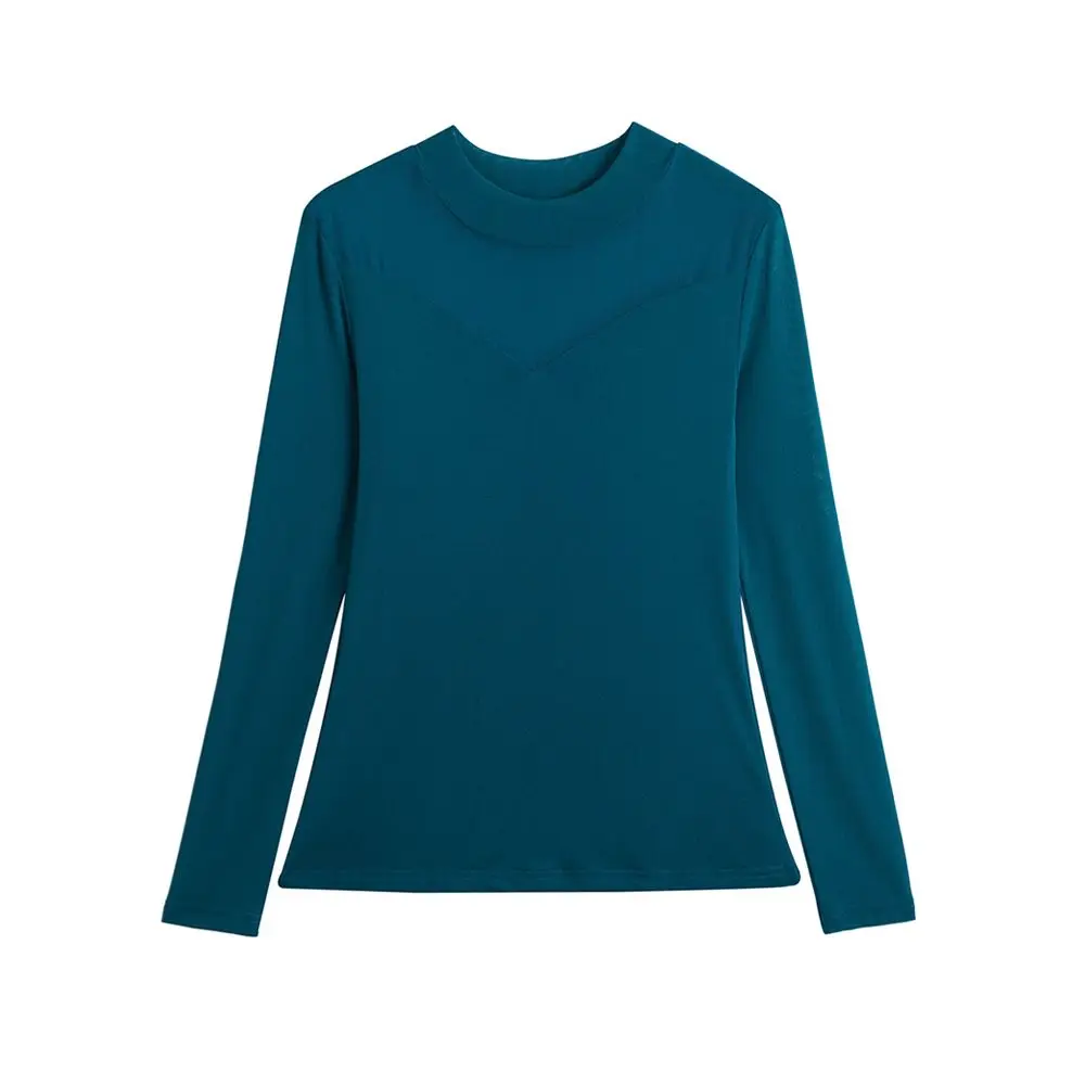 

Spring New Slim Solid Color Long-sleeved Spliced Mesh Base Shirt for Women Versatile Top T-shirt
