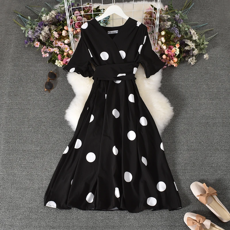 Vestidos Longos Women Vintage Long Dresses Casual Polka Dot Print Party Short Sleeve Dresses Sexy Midi Dress Vestido Clothes