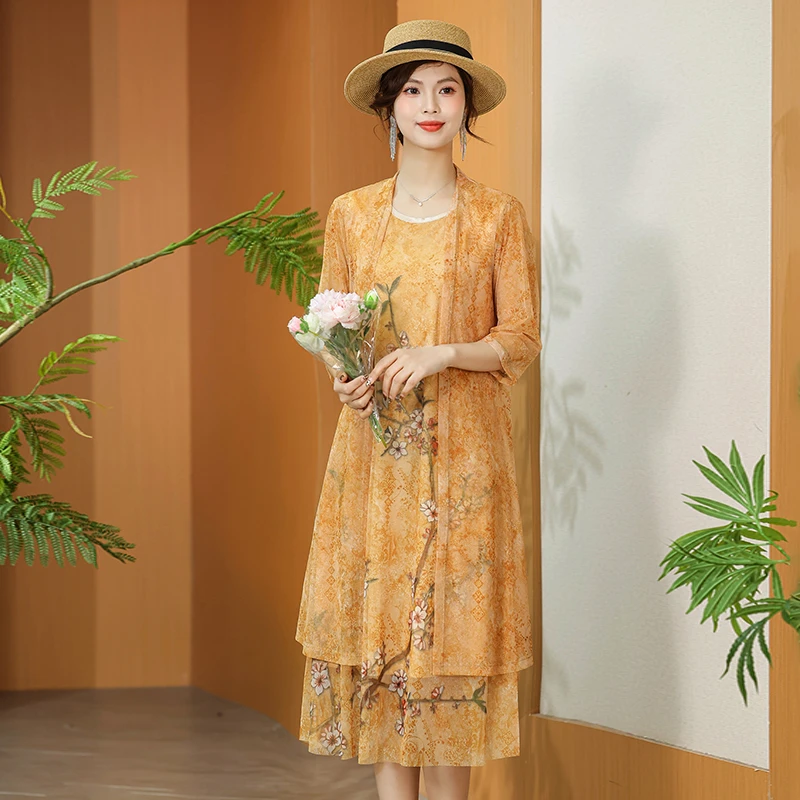 하이 엔드 여성 긴 쉬폰 드레스 봄 여름 인쇄 레이스 드레스 여성 우아한 가짜 투피스 드레스