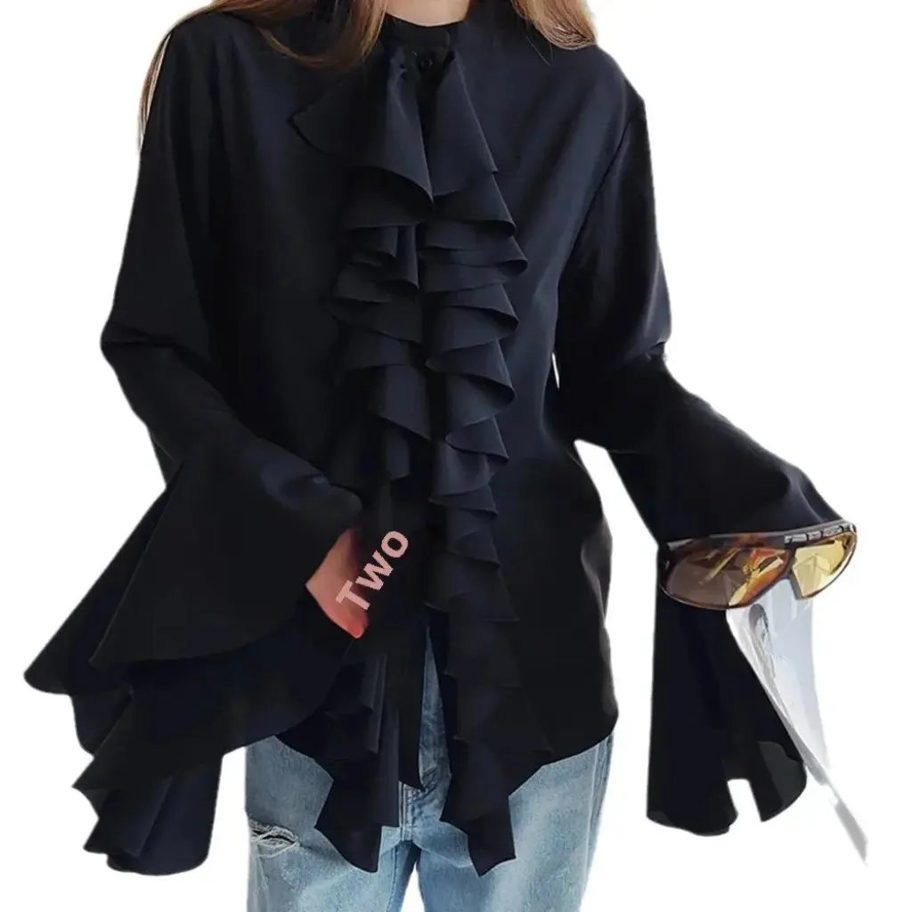 

Women's Long Sleeve Lotus Leaf Chiffon Cardigan European And American Style Autumn Fashion Loose Bell Sleeve Shirt Top