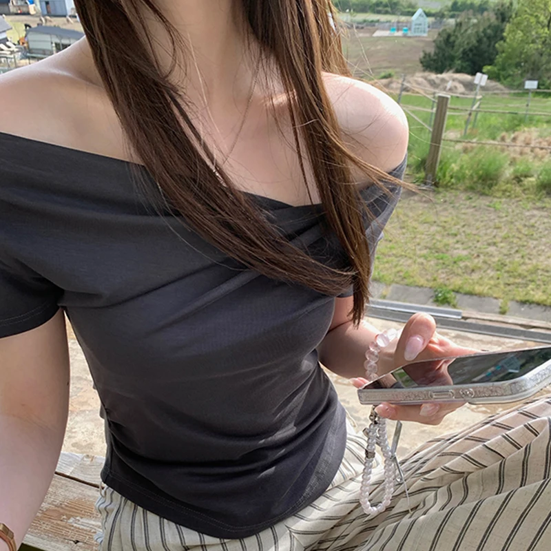 

Pleated Off-shoulder Short Sleeve Sexy T-shirt Women Summer Sheath Two-Way Tops