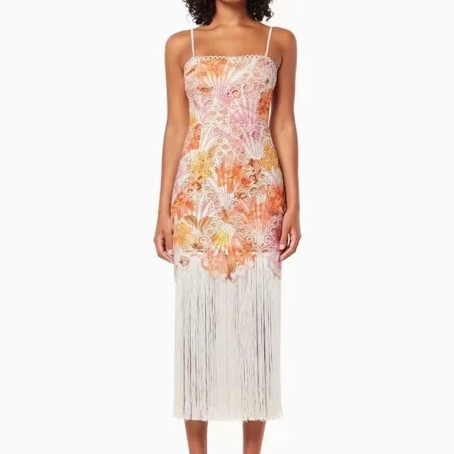 

2024 Summer Australian Holiday Sle Print Embroidery Soluble Lace Tassel Strapl Midi Dr Women's Faion