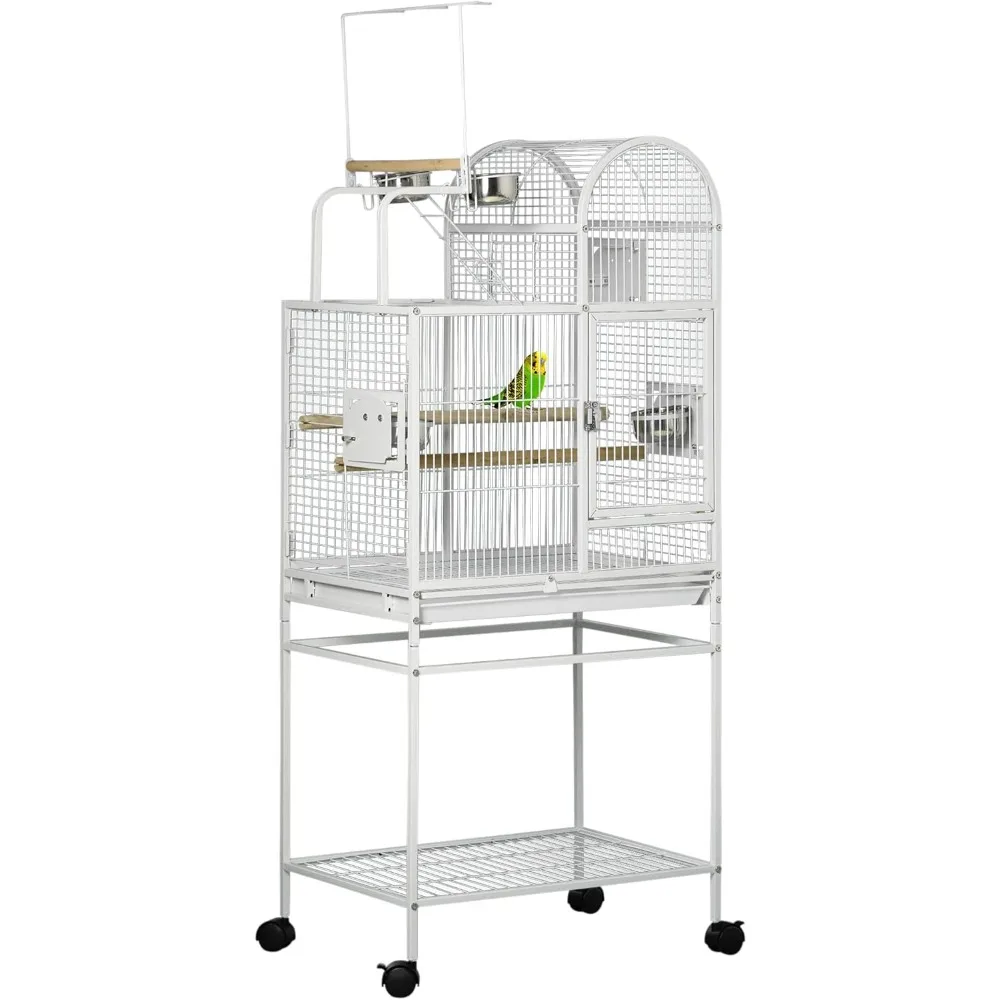 

55" Large Parrot Cage with Toy Hooks Above Top Bird Perch, Tray, Food Cups, Rolling Stand, Bird Cage for Cockatiels, Parakeets,