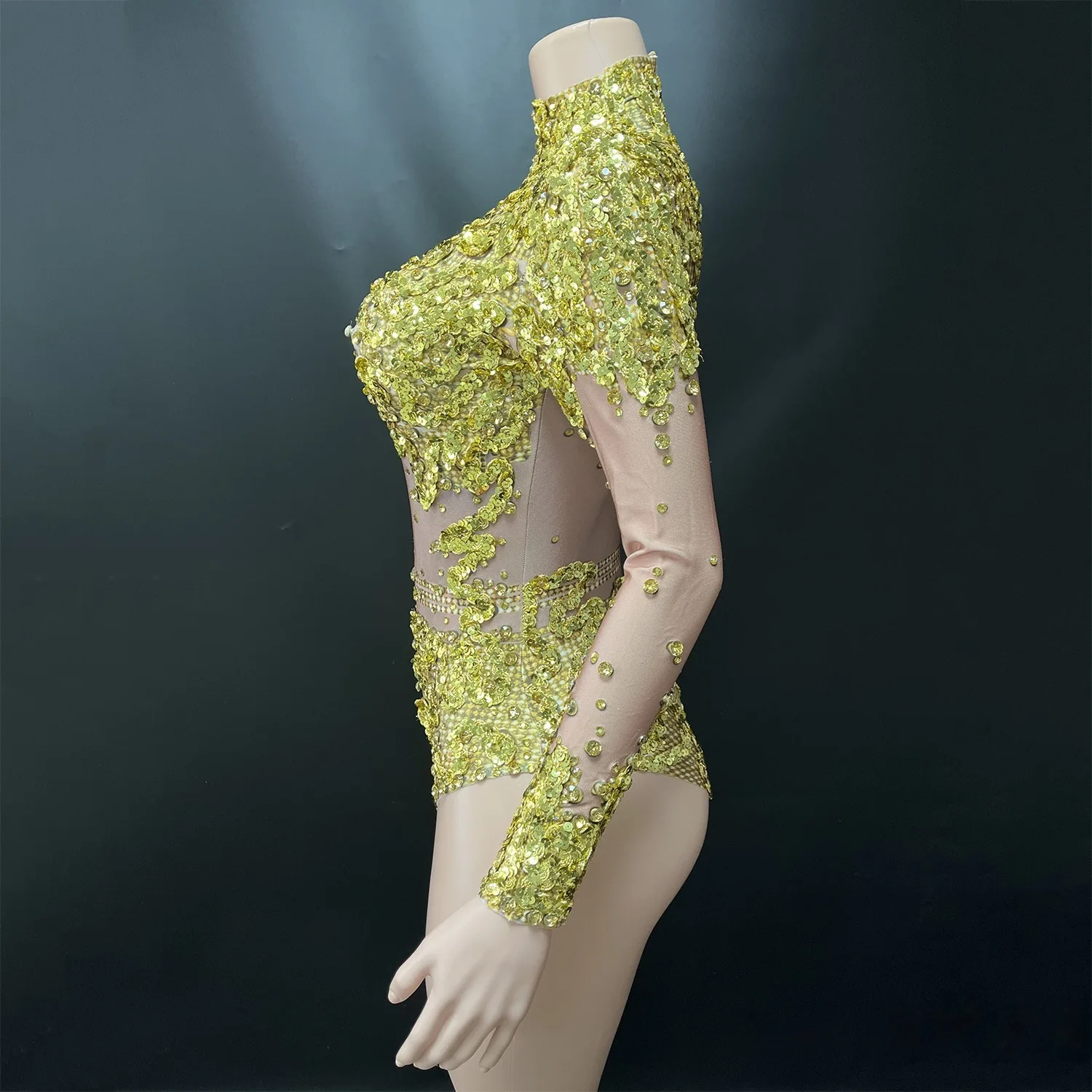 Body de LICRA de manga larga con cuentas y lentejuelas doradas para mujer, Leotardos de gimnasia rítmica brillantes, traje deportivo de baile de alta elasticidad