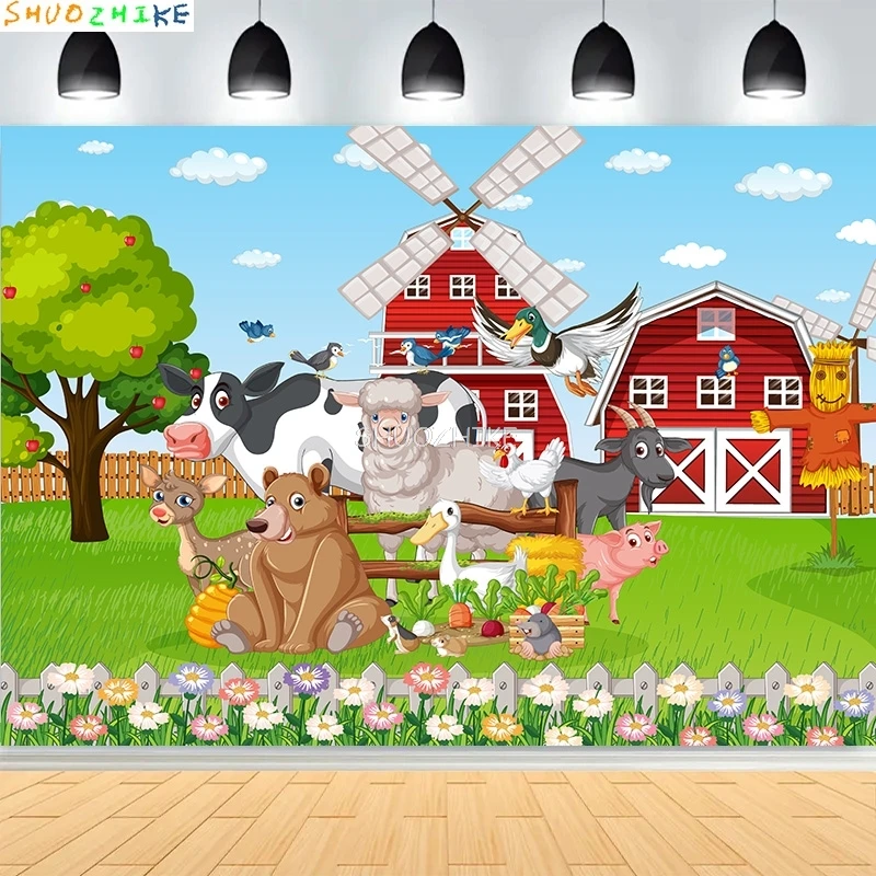Фермерская сцена старый фермер человек и милые животные фотографии фонов красный сарай ветряная мельница молочная корова фон для дня рождения NC-03