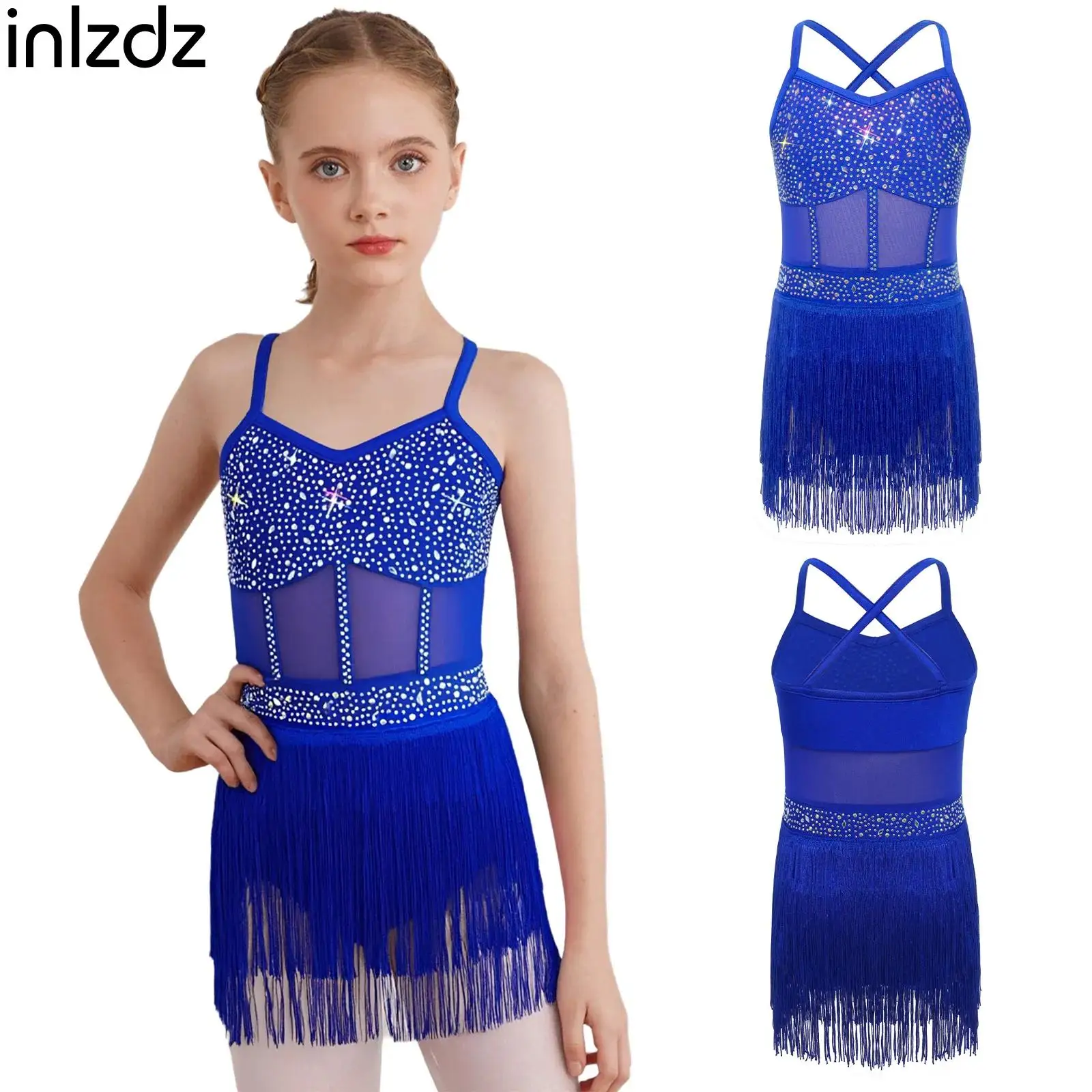 

Girls Gymnastics Latin Tango Dance Costume Sleeveless Rhinestone Mesh Tassel Skating Leotard Dress for Dance Party Performance