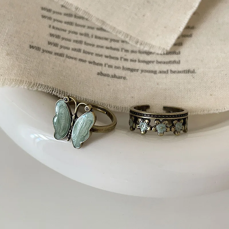 Butterfly Flower Open Ring With Ancient Style High Grade Drip Oil Female Personality Unique Fashion Ring Jewelry