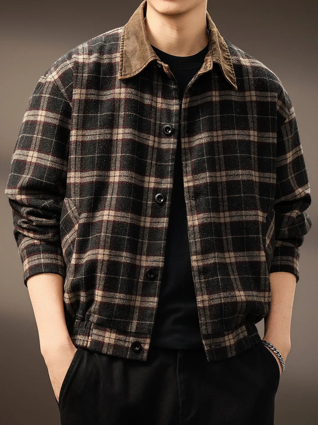 

American Retro Casual Plaid Collar Jaet Men's Long Sve Autumn Winter Heavyweight ort Sle Outerwear Collar