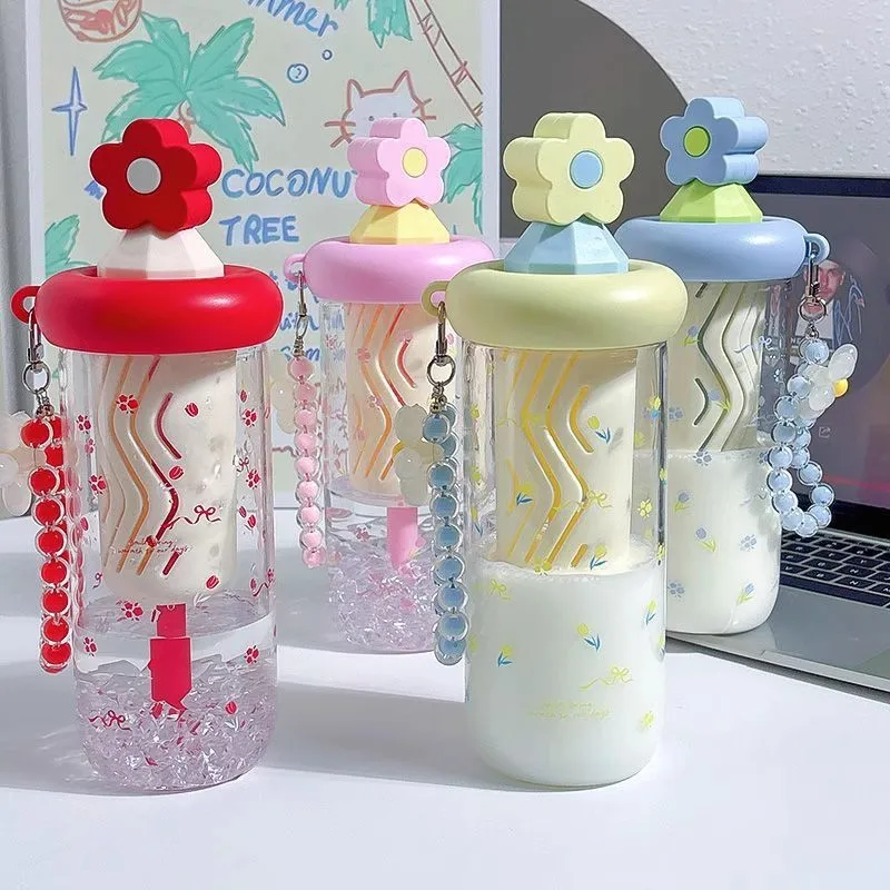 

Cute Flower Tea Glasses With Straw Tumbler Glass Water Bottle For Girls Large Capacity Cold Coffee Juice Cups Drinking Utensils