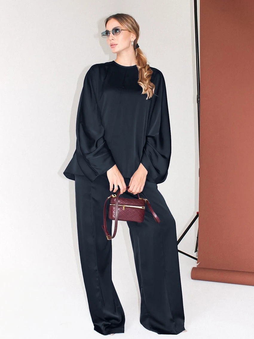 

Marthaqiqi Loose Women'S Nightgowns Suit Long Sleeve Sleepwear O-Neck Nightwear Wide Leg Pants Winter Ladies Pajamas 2 Piece Set