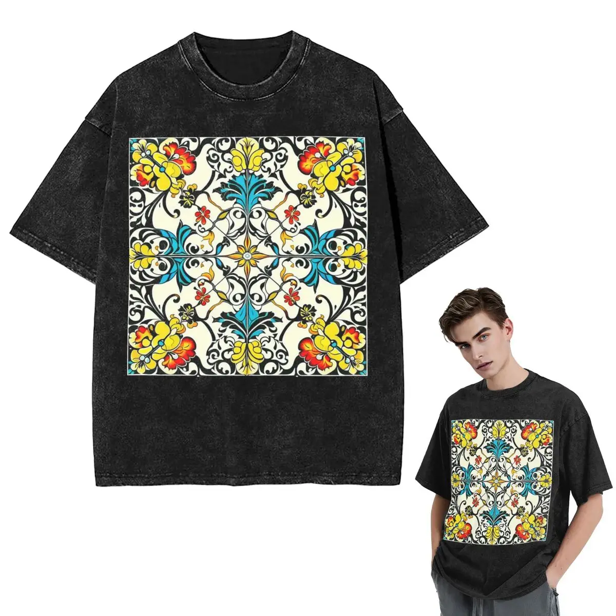 

Streetwear T-Shirts Classic Vintage Sicilian Tile Style Pattern Washed T Shirt Short Sleeve T-Shirt Tops Tees for Men Women