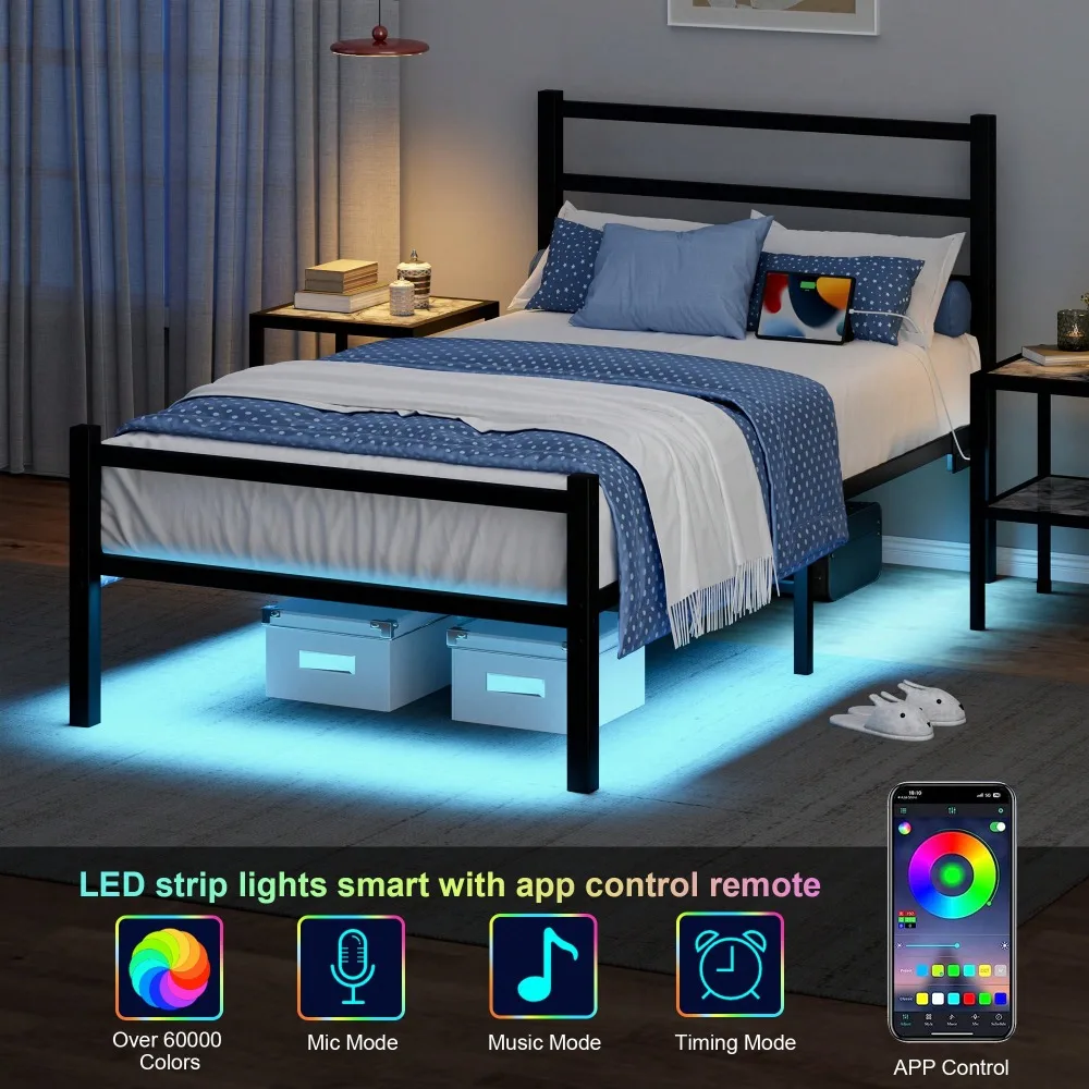 Twin Bed Frame, LED Bed Frame With Charging Station, Twin Bed Frame