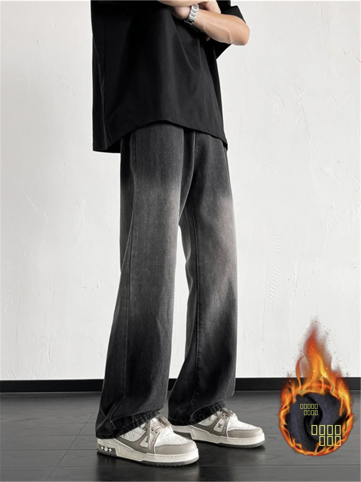 Trendige amerikanische Vintage-Jeans mit Fleecefutter und Farbverlauf, lockere, gerade geschnittene High-Street-Hose mit weitem Bein für Herren, Herbst/Winter