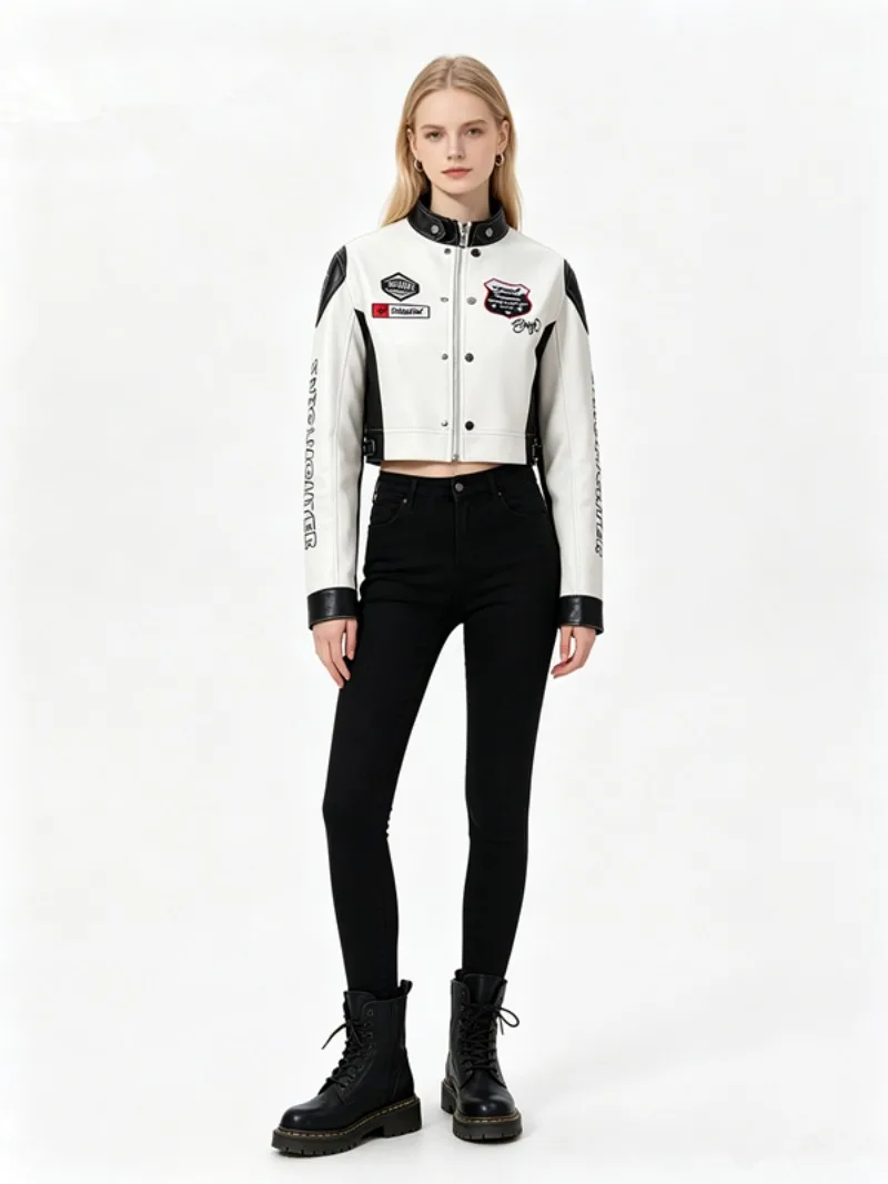 Embroidery Biker Jackets for Women PU Faux Leather Jackets Streetwear Short Coats Bomber Jackets Women Clothing Outerwears