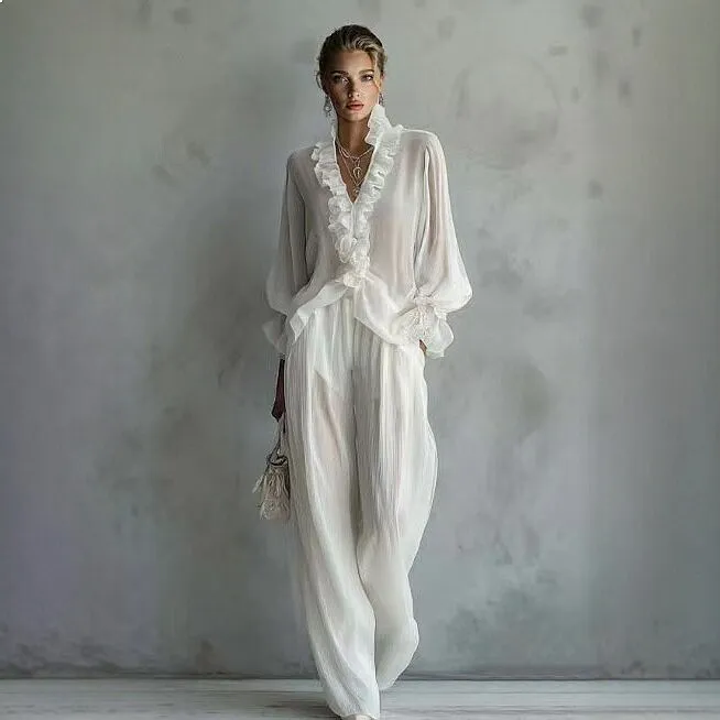 Stylish Lace Blouse and Wide Leg Pants Matching Set for Women