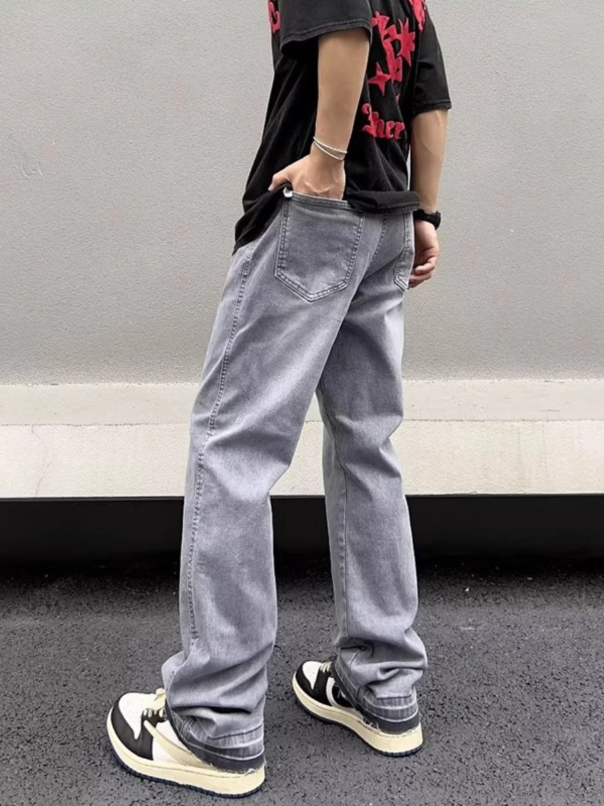 Trendy American High Street Smoke Grey Men's Jeans Autumn Straight Leggings High Waist Micro Flared Jeans Teenage Cotton Blend