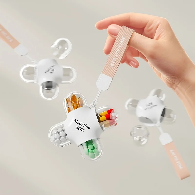 1pc Medicine Box Waterproof Portable Four Independent Sealing Compartments Pill Organizer Hanging Rope Tablets Storage Contanier