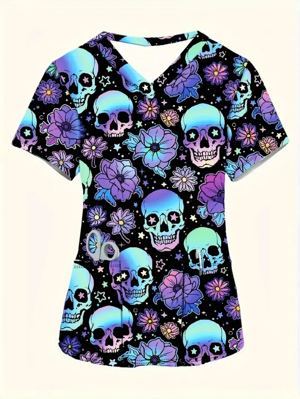 

Medical Uniform Woman Halloween Skull Pattern Print Tops Summer Fashion V-Neck with Pockets Short Sleeve Scrubs Uniform Woman