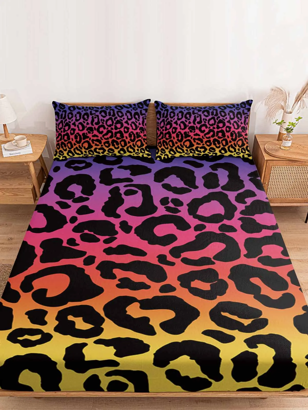 Leopard Print Rainbow Colors Polyester Fitted Sheet Mattress Cover Four Corners Elastic Band Bed Sheet Pilllowcase