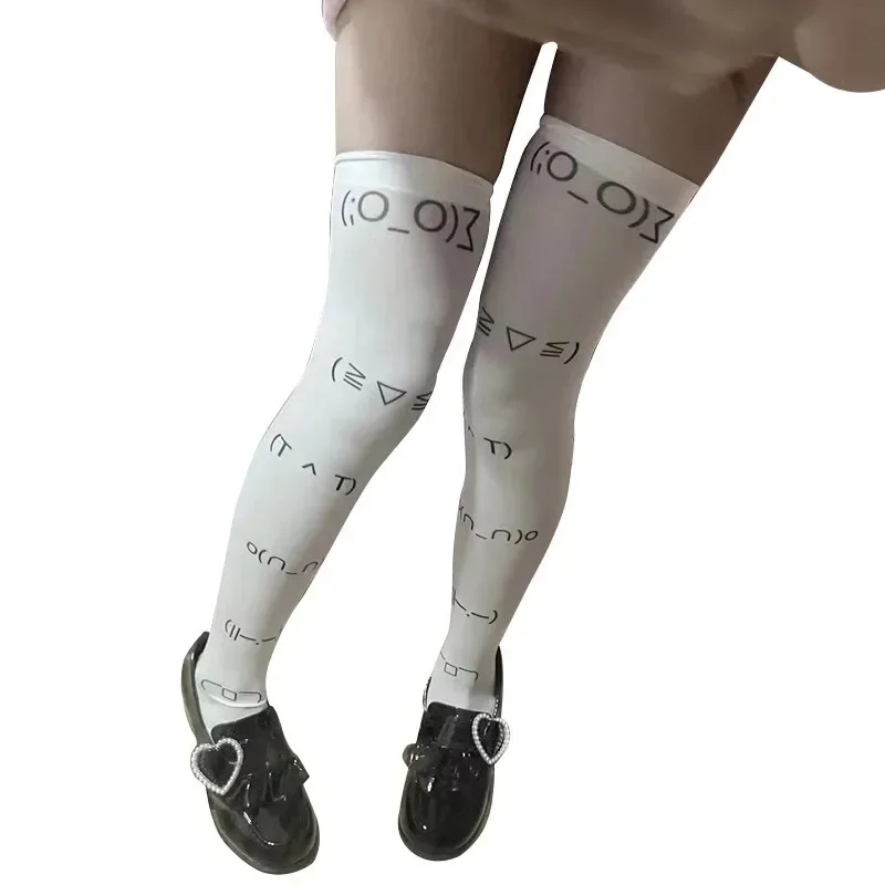 Kawaii Expression White Graffiti Letter Print Long Socks Harajuku Over Knee Thigh High Stockings Y2K Cosplay Cute Socks Kawaii