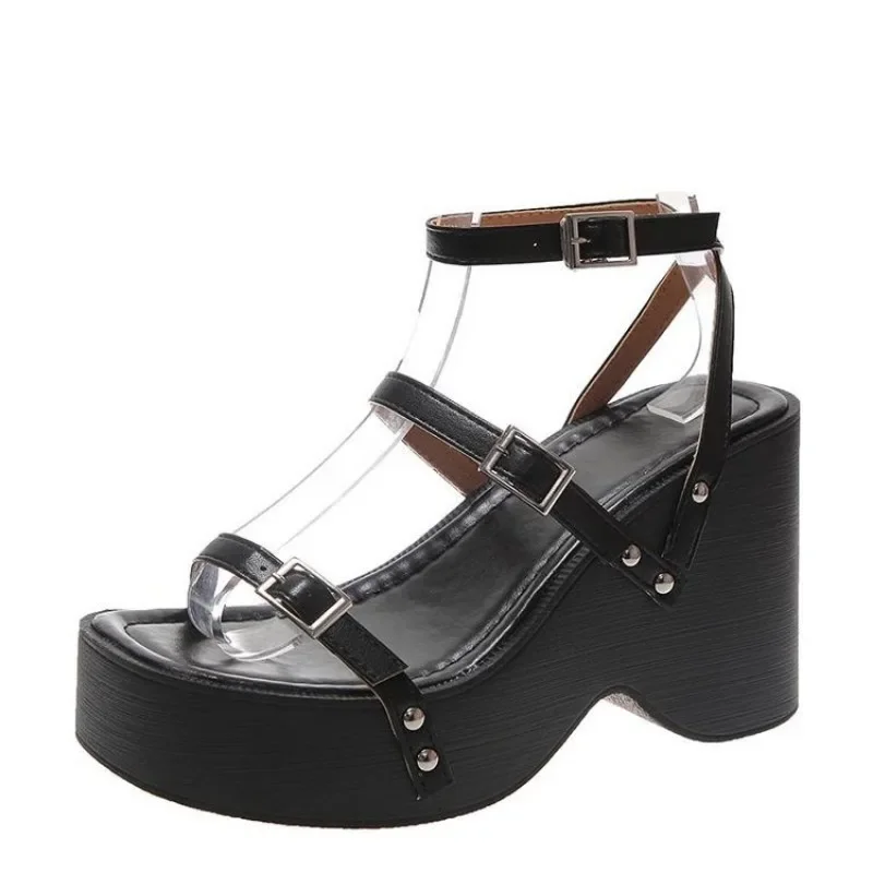 Summer Women Sandals Platform Chunky Heel Flat Metal Buckle Female Shoes Ladies Peep Toe Mujer Casual Daily Slingback Footwear