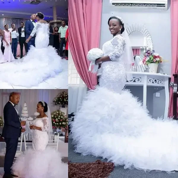 

Customized Vintage African Long Sleeve Mermaid Lace Wedding Dresses Plus Size White Sweep Train Ruched Back Bridal Gowns Custom