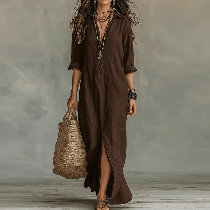Vestido de Verano para Mujer, Cuello Camisero, Manga Larga, Botones, Holgado, Maxi Vestido Vintage, Vestido Camisero para Fiesta, Vestido de Playa Estilo Boho