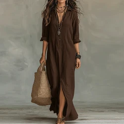 Summer Dress Women Turn Down Collar Long Sleeve Button Loose Maxi Dresses Vintage Party Shirt Dress A-Line Beach Dress Boho