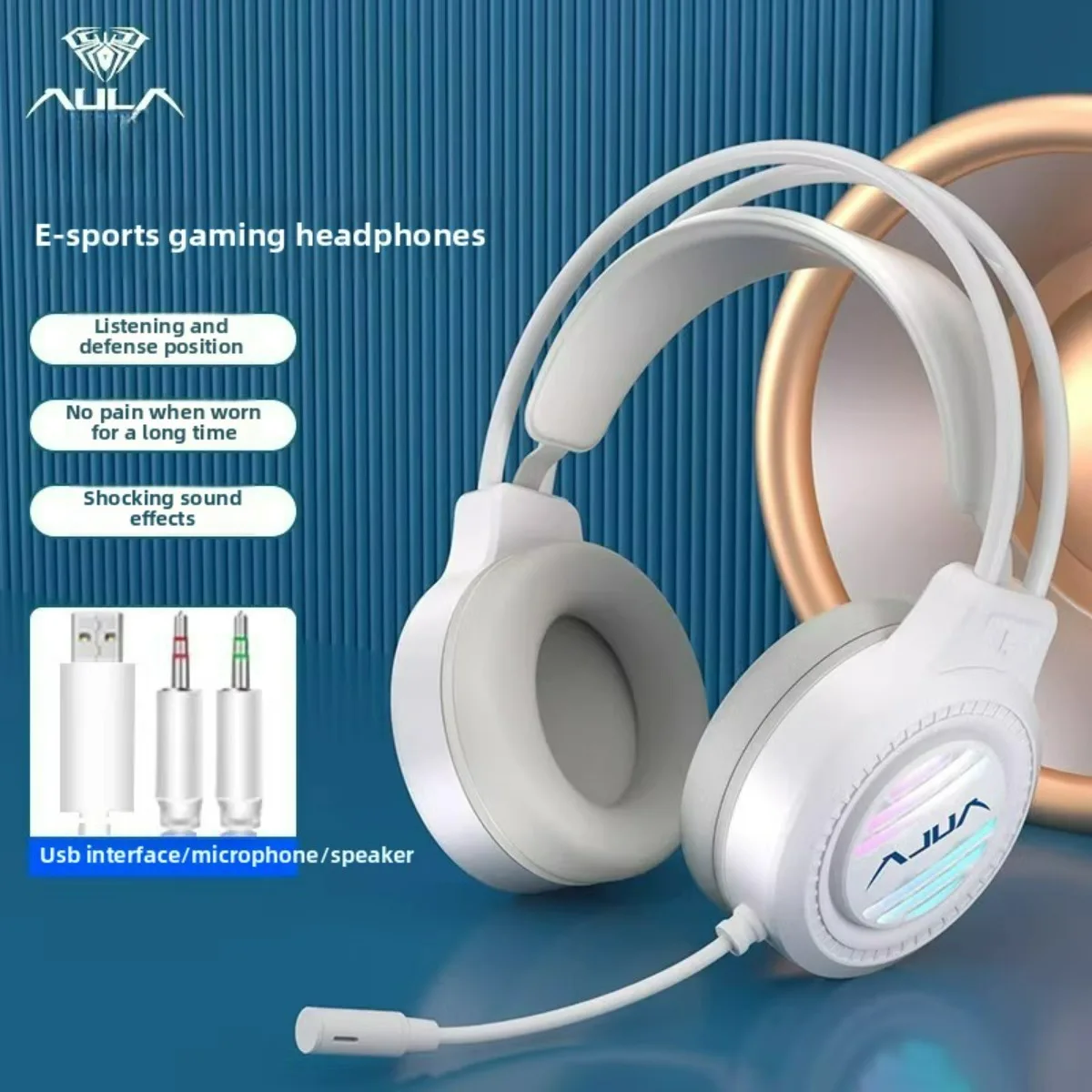

AULA Gaming Headset Headphones RGB Light Effect Noise Reduction Microphone Floating Head Beam USB Headset Game Accessories S606
