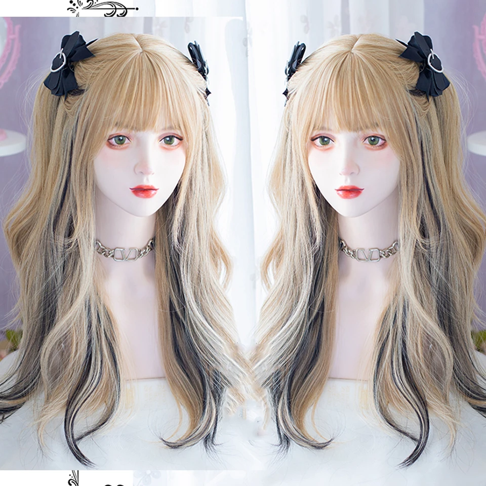 AOSI Long Wavy Black Blonde Synthetic Wig Ombre Blonde Wig With Fluffy Bang Women Natural Heat Resistant Fiber Hair Wig