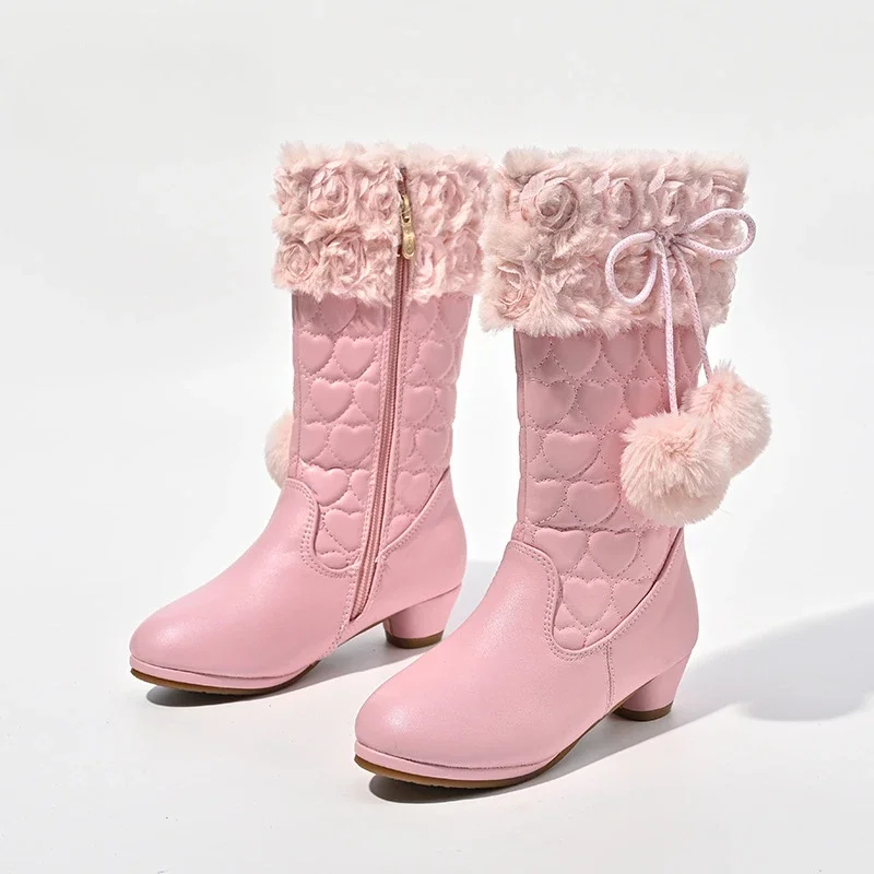 Pink Children Leather Boots for Girls Autumn Winter New Fashion Anti-slippery Keep Warm High Top Princess Knight Snow Boots