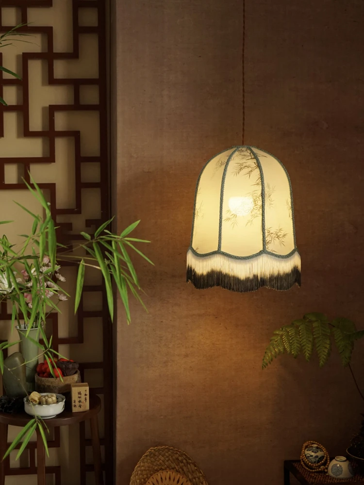 New Chinese style retro medieval handmade fabric bamboo flower Silk chandelier restaurant tea room bedroom lamp decoration