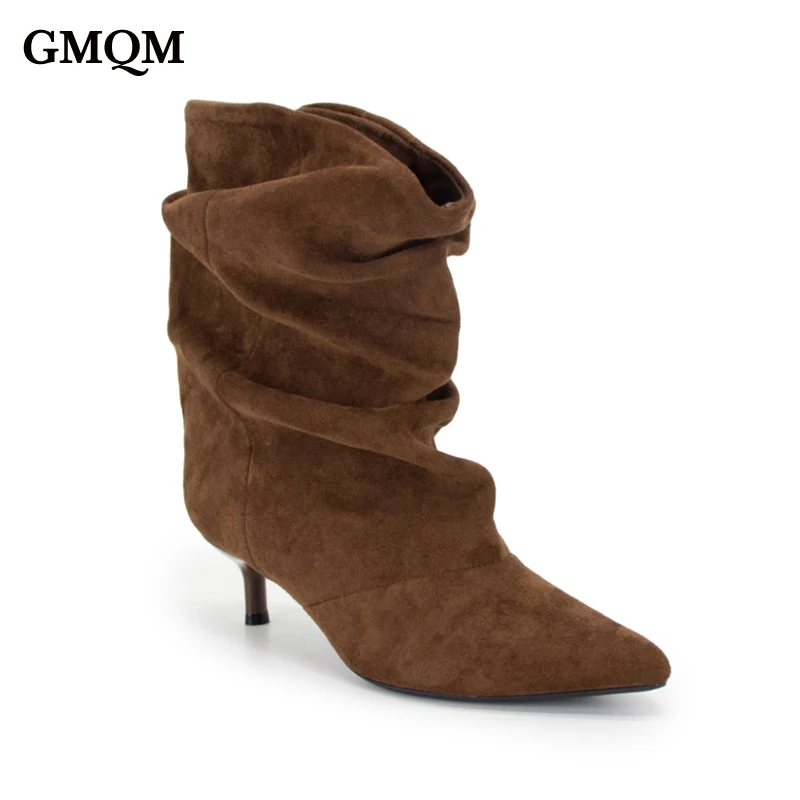 

GMQM Women's Pleated Mid-Calf Booties Pointed Toe Kitten Heel Ruched Slouch Boots Elegant Low Heel for Daily Work And Party