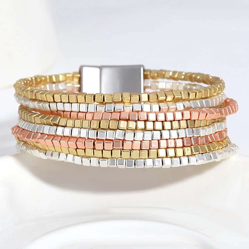 ALLYES Multilayer Metal Cube Beaded Wrap Bracelets Charm Jewelry Fashion Rose Gold Color Wrist Bangle Bracelets for Women