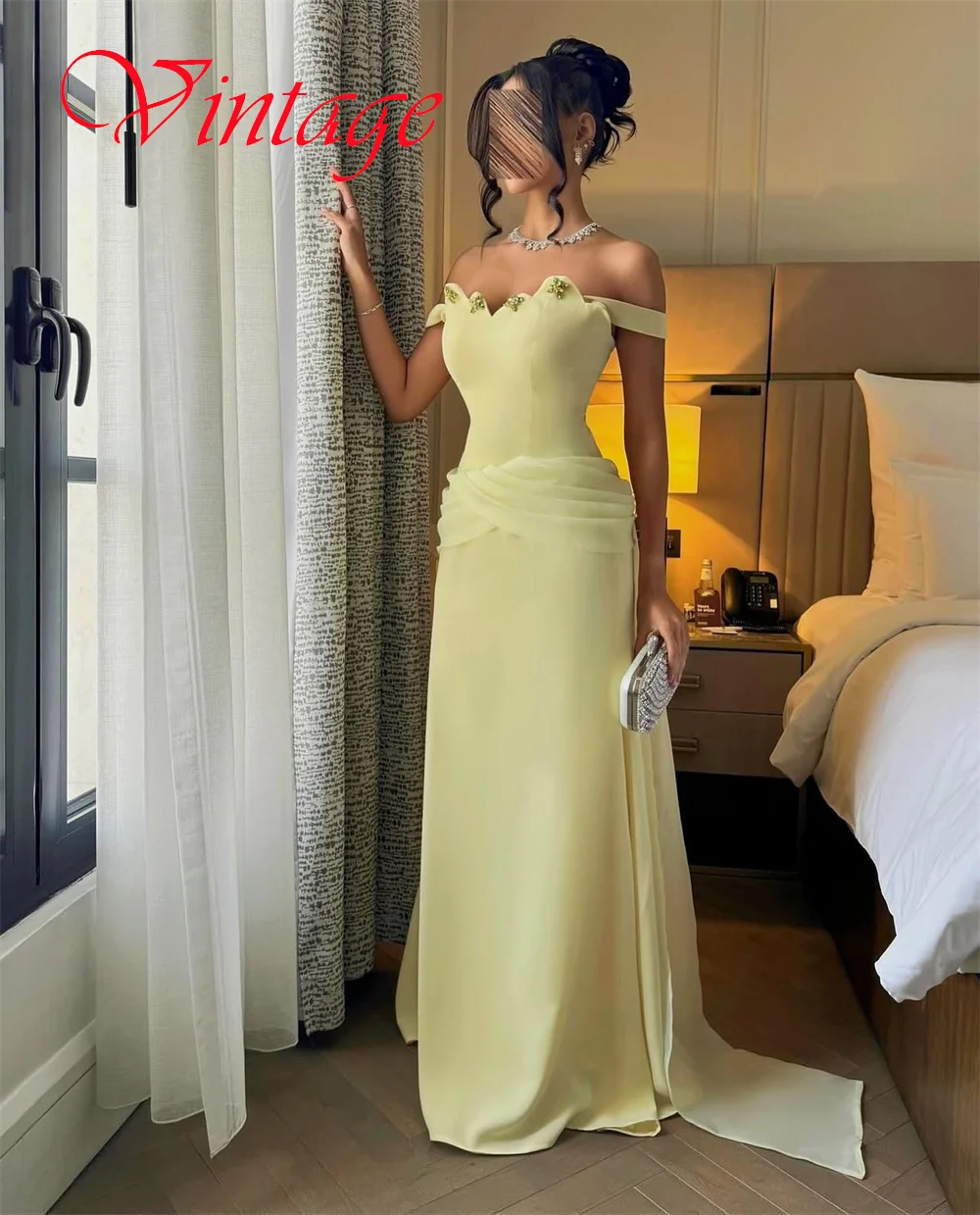 Customized Exquisite Yellow Jersey Evening Dress Elegant Off the Shoulder Strapless Zipper Back Chapel Train Homecoming Dress